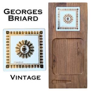 Vintage Georges Briard Wood & Ceramic Cheese Charcuterie Cutting Board 16"x7.25"